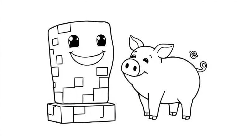 Schwarz-weiße Minecraft-Farbseite mit einem lächelnden Creeper und einem lächelnden Schwein.