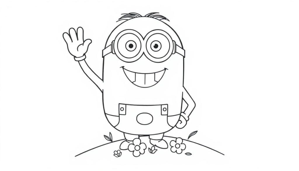 Schwarz-Weiß-Farbtafel eines fröhlich winkenden Minions auf einem Hügel.
