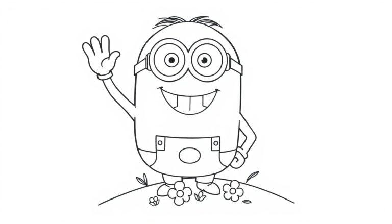 Schwarz-Weiß-Farbtafel eines fröhlich winkenden Minions auf einem Hügel.
