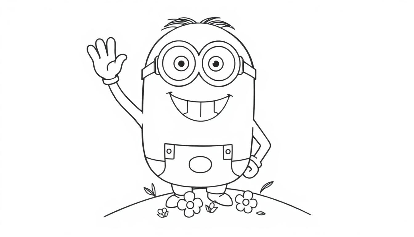 Schwarz-Weiß-Farbtafel eines fröhlich winkenden Minions auf einem Hügel.