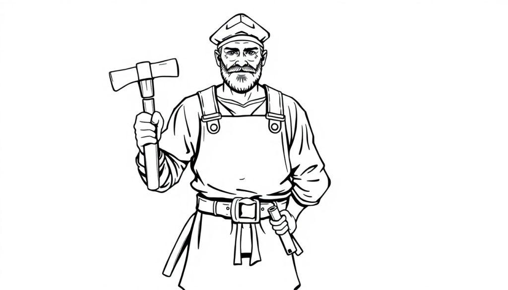 Ein bärtiger Mann im Mittelalter mit Hut und Schürze, der eine Axt hält.
