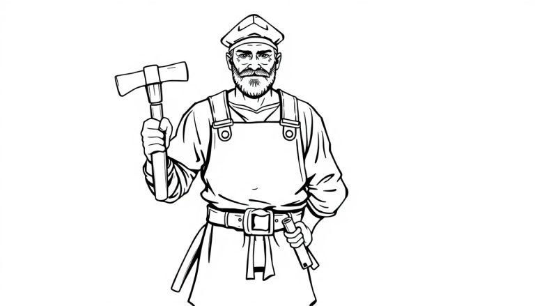 Ein bärtiger Mann im Mittelalter mit Hut und Schürze, der eine Axt hält.