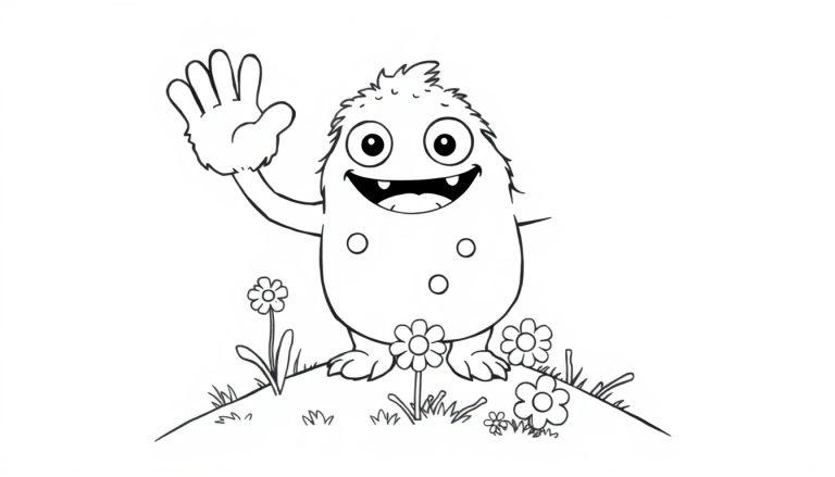 Eine freundliche, cartoonartige Monster-Farbtafel winkt auf einem Hügel voller Gänseblümchen.
