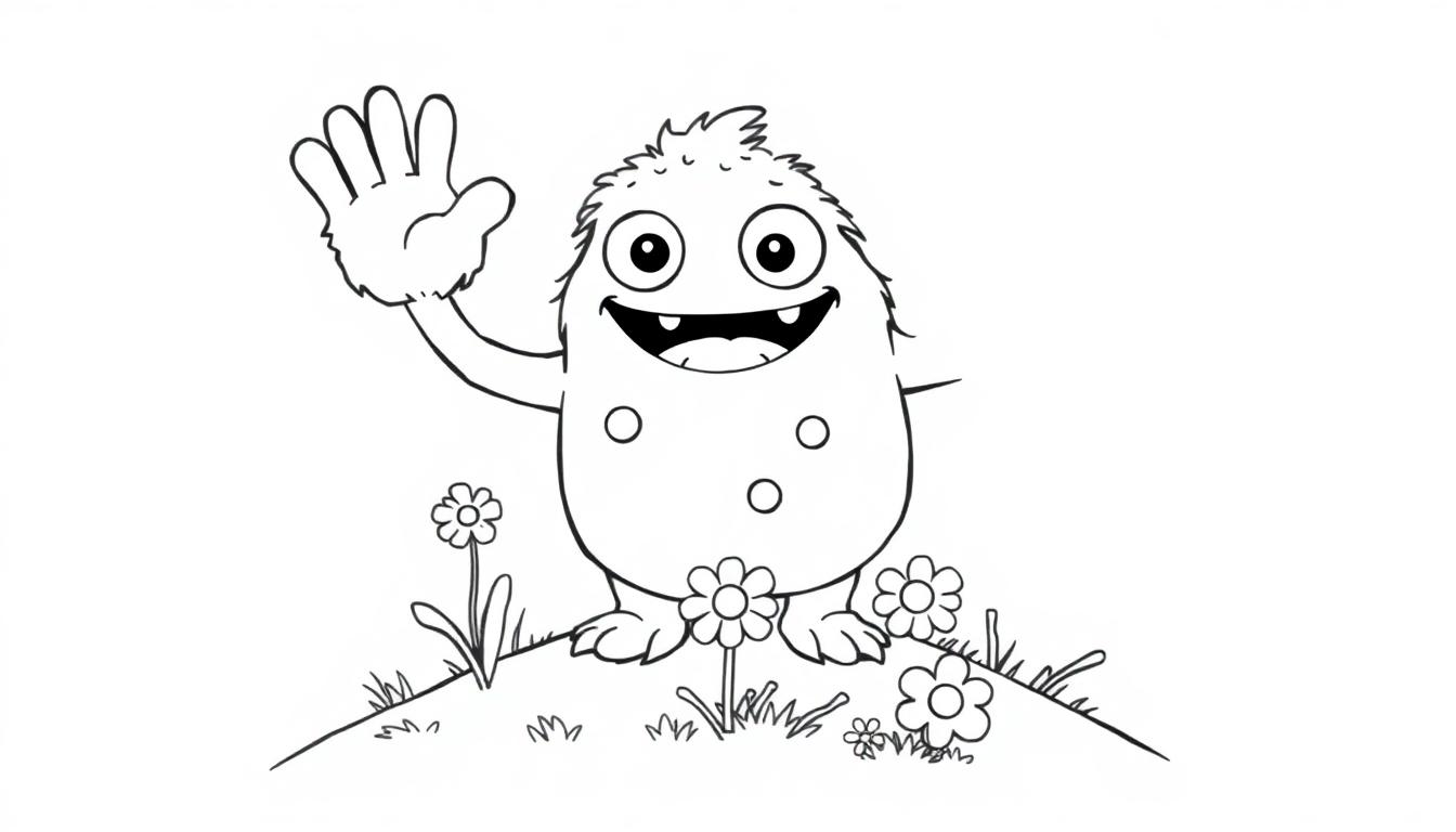 Eine freundliche, cartoonartige Monster-Farbtafel winkt auf einem Hügel voller Gänseblümchen.