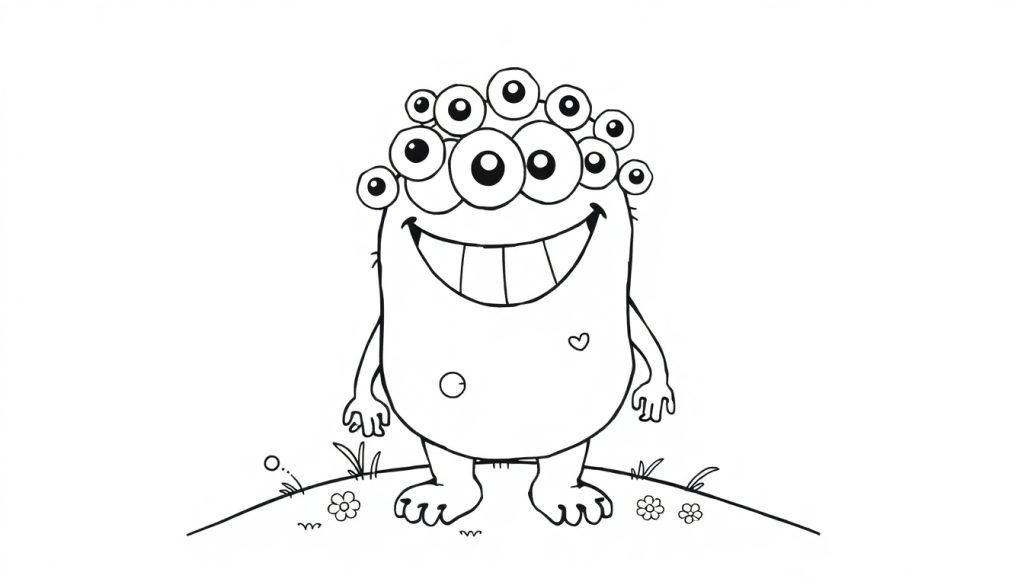 Ein freundliches Schwarz-Weiß-Monster mit vielen Augen und einem Lächeln, bereit zum Ausmalen als Farbtafel.