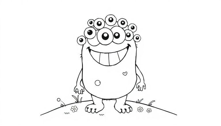 Ein freundliches Schwarz-Weiß-Monster mit vielen Augen und einem Lächeln, bereit zum Ausmalen als Farbtafel.