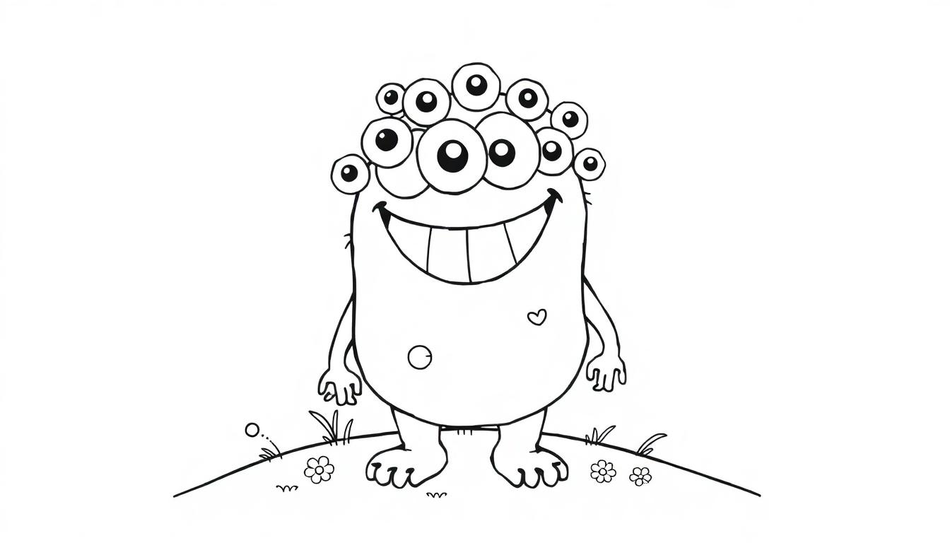 Ein freundliches Schwarz-Weiß-Monster mit vielen Augen und einem Lächeln, bereit zum Ausmalen als Farbtafel.