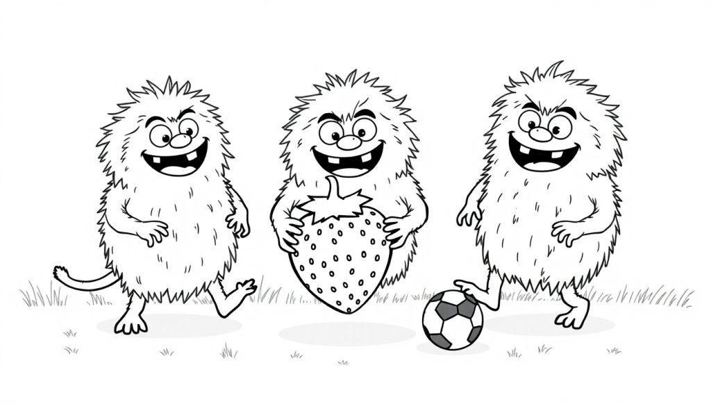 Drei schwarz-weiße Cartoon-Monster spielen Fußball und essen eine Erdbeere in einer Graslandschaft.