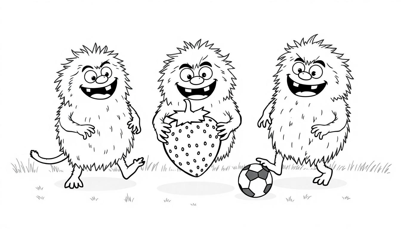 Drei schwarz-weiße Cartoon-Monster spielen Fußball und essen eine Erdbeere in einer Graslandschaft.