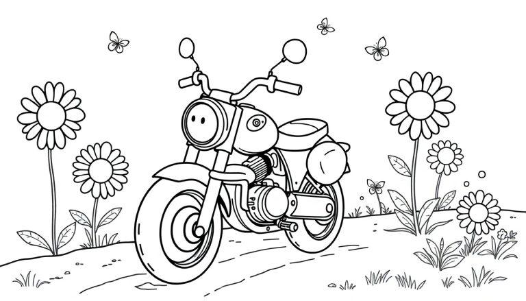 Schwarz-Weiß-Farbtafel eines Motorrads mit Blumen und Schmetterlingen.