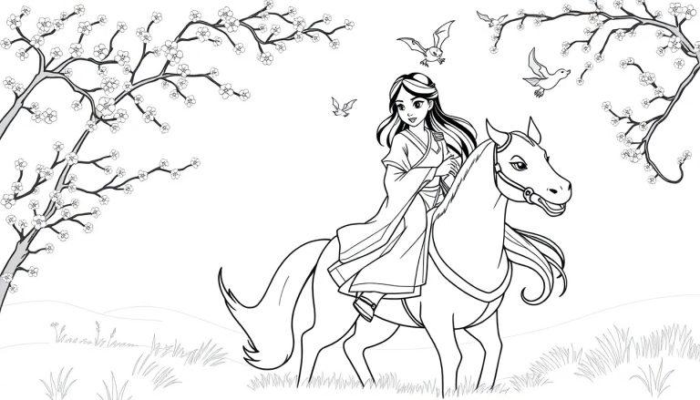 Mulan reitet auf Khan durch eine Farbtafel mit blühenden Kirschbäumen und fliegenden Vögeln.