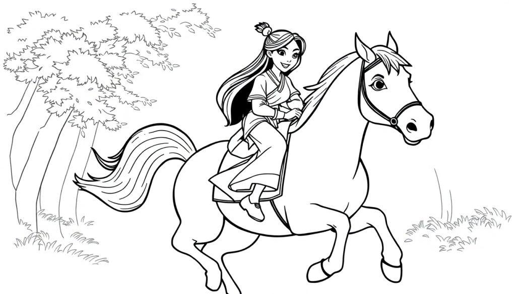 Mulan auf ihrem Pferd Khan als Schwarz-Weiß-Farbtafel für Kinder.