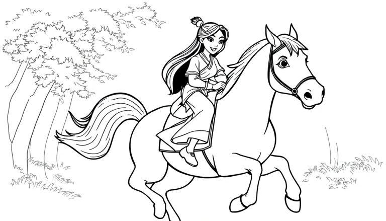 Mulan auf ihrem Pferd Khan als Schwarz-Weiß-Farbtafel für Kinder.
