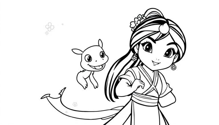 Schwarz-Weiß-Farbtafel einer niedlichen Mulan mit Mushu, einem kleinen Drachen, umgeben von Blumen.
