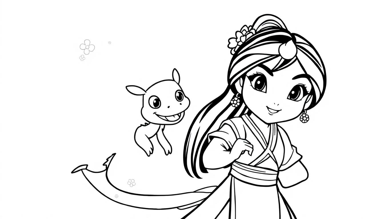 Schwarz-Weiß-Farbtafel einer niedlichen Mulan mit Mushu, einem kleinen Drachen, umgeben von Blumen.