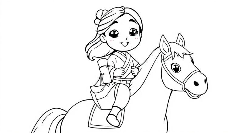 Niedliches Kawaii-Mädchen Mulan auf einem Pferd, bereit für Abenteuer, als Ausmalbild-Farbtafel.
