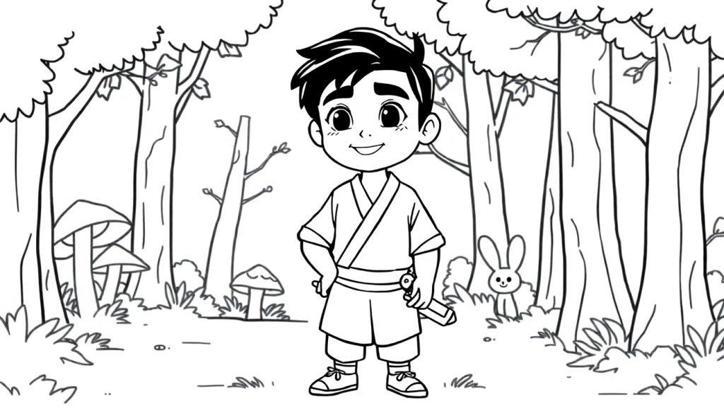Schwarz-weiß Cartoon-Farbtafel eines kleinen Jungen im traditionellen japanischen Outfit im Wald.