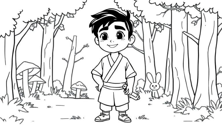 Schwarz-weiß Cartoon-Farbtafel eines kleinen Jungen im traditionellen japanischen Outfit im Wald.