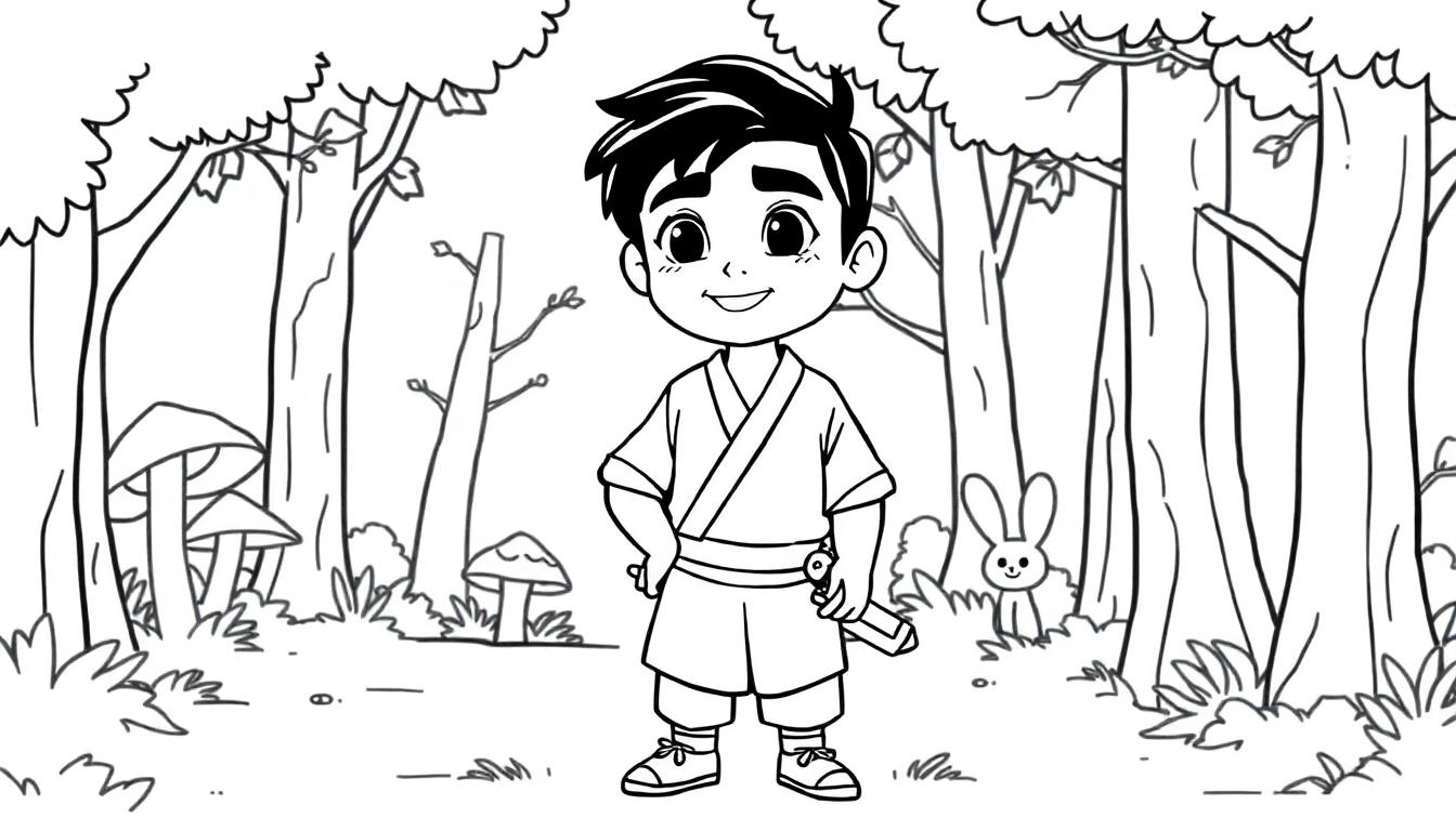 Schwarz-weiß Cartoon-Farbtafel eines kleinen Jungen im traditionellen japanischen Outfit im Wald.
