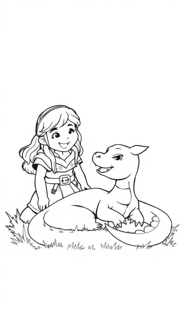 Ein kleines Mädchen mit langen Haaren lächelt und sitzt neben einem kleinen, freundlichen Drachen.