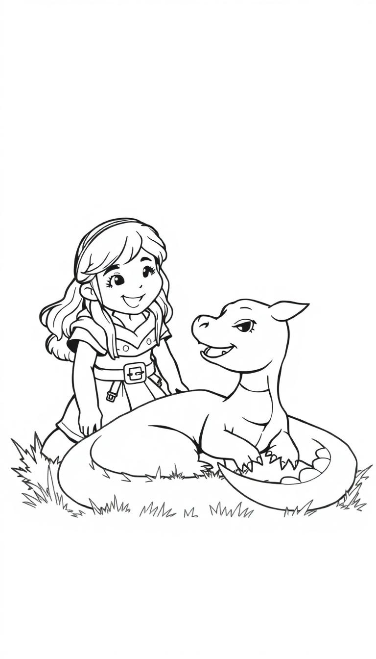 Ein kleines Mädchen mit langen Haaren lächelt und sitzt neben einem kleinen, freundlichen Drachen.