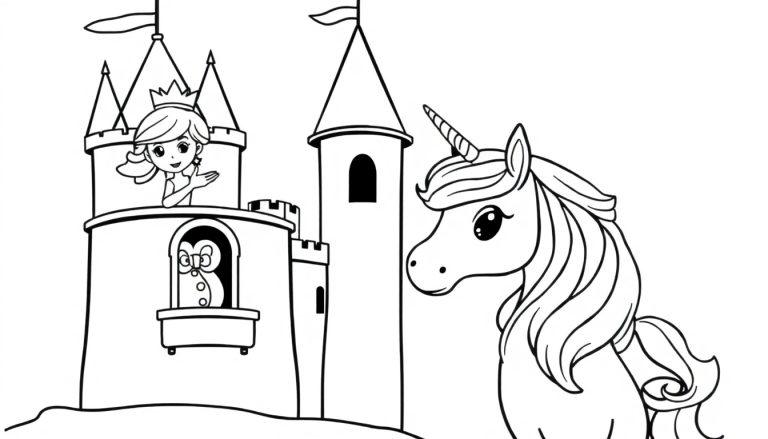 Eine Schwarzweiß-Farbtafel mit einem Einhorn vor einer Burg, auf der eine winkende Prinzessin zu sehen ist.