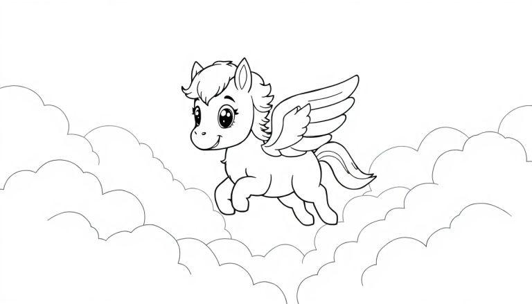 Eine süße, schwarz-weiße Farbtafel-Umrisszeichnung eines Pegasus-Fohlens mit fließender Mähne und detaillierten Flügeln, das durch eine Wolkenlandschaft fliegt.