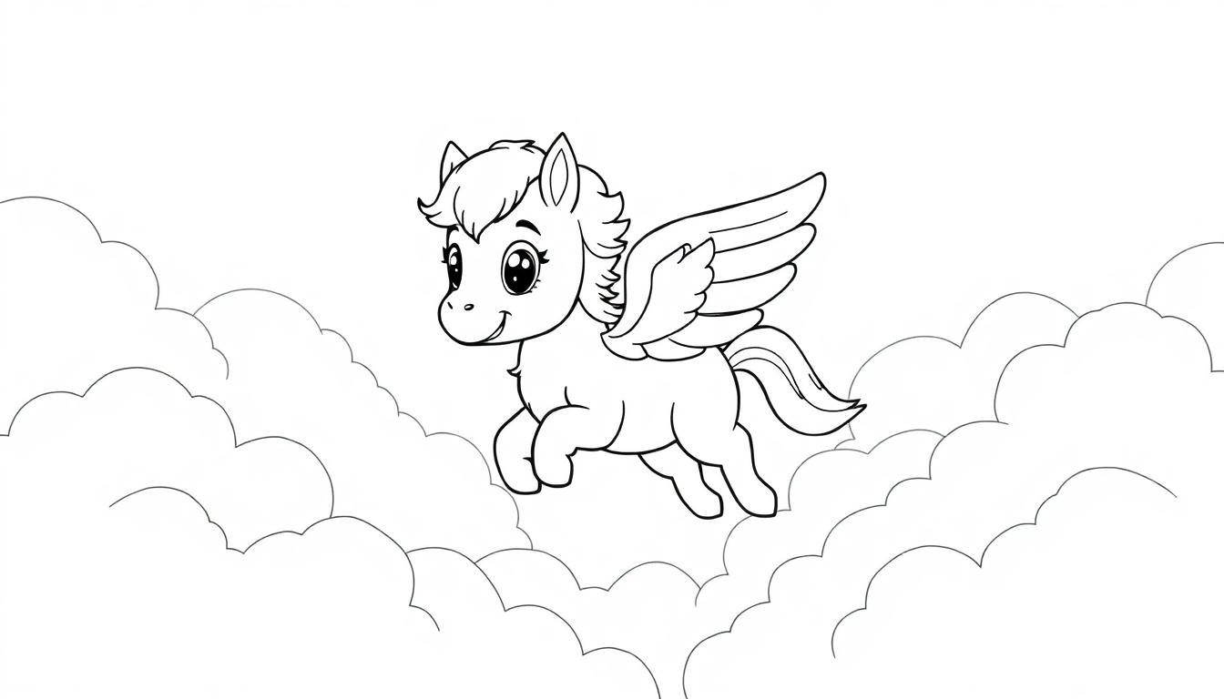Eine süße, schwarz-weiße Farbtafel-Umrisszeichnung eines Pegasus-Fohlens mit fließender Mähne und detaillierten Flügeln, das durch eine Wolkenlandschaft fliegt.