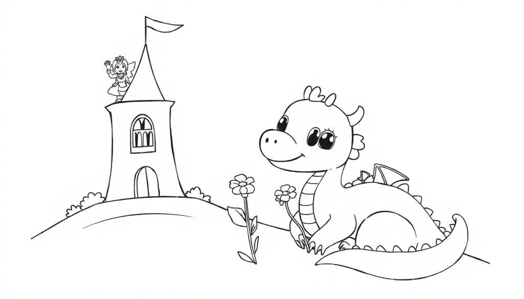 Schwarz-Weiß-Farbtafel: Ein niedlicher Babydrache sitzt mit Blumen, eine Fee winkt von einem Turm.