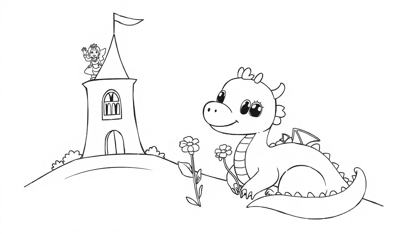 Schwarz-Weiß-Farbtafel: Ein niedlicher Babydrache sitzt mit Blumen, eine Fee winkt von einem Turm.