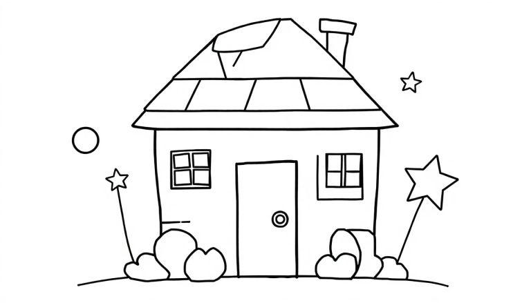 Eine Schwarz-Weiß-Farbtafel eines einfachen Cartoon-Hauses mit Sternenstab, Kreis und Stern.