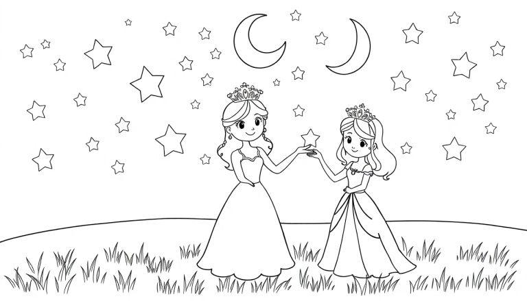Zwei Prinzessinnen halten sich an den Händen und tauschen einen Stern auf einem Hügel unter einem sternenklaren Himmel aus, eine Schwarz-Weiß-Farbtafel-Illustration für Kinder.