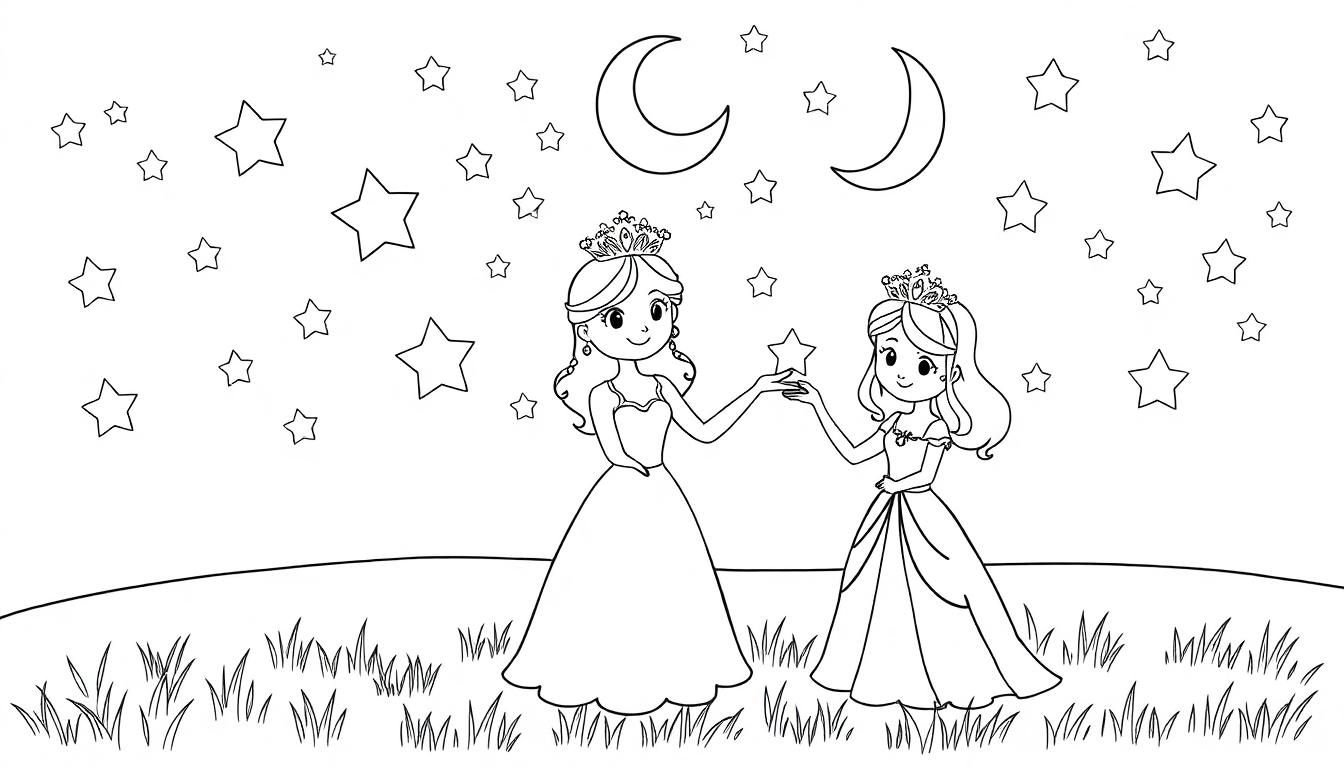 Zwei Prinzessinnen halten sich an den Händen und tauschen einen Stern auf einem Hügel unter einem sternenklaren Himmel aus, eine Schwarz-Weiß-Farbtafel-Illustration für Kinder.