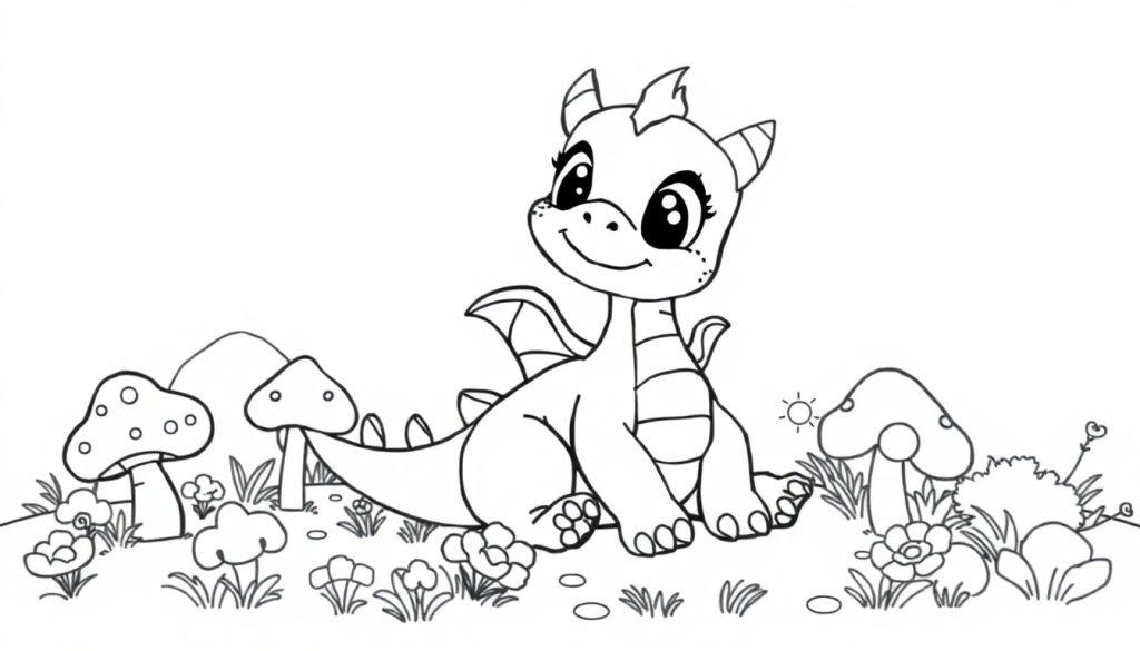 Niedlicher Babydrache sitzt auf einem Feld, umgeben von Blumen und Pilzen, eine Farbtafel-Illustration.