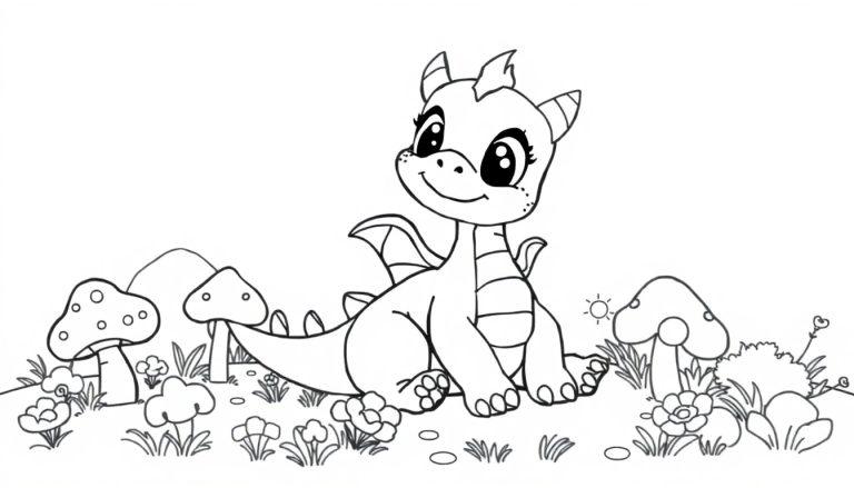 Niedlicher Babydrache sitzt auf einem Feld, umgeben von Blumen und Pilzen, eine Farbtafel-Illustration.