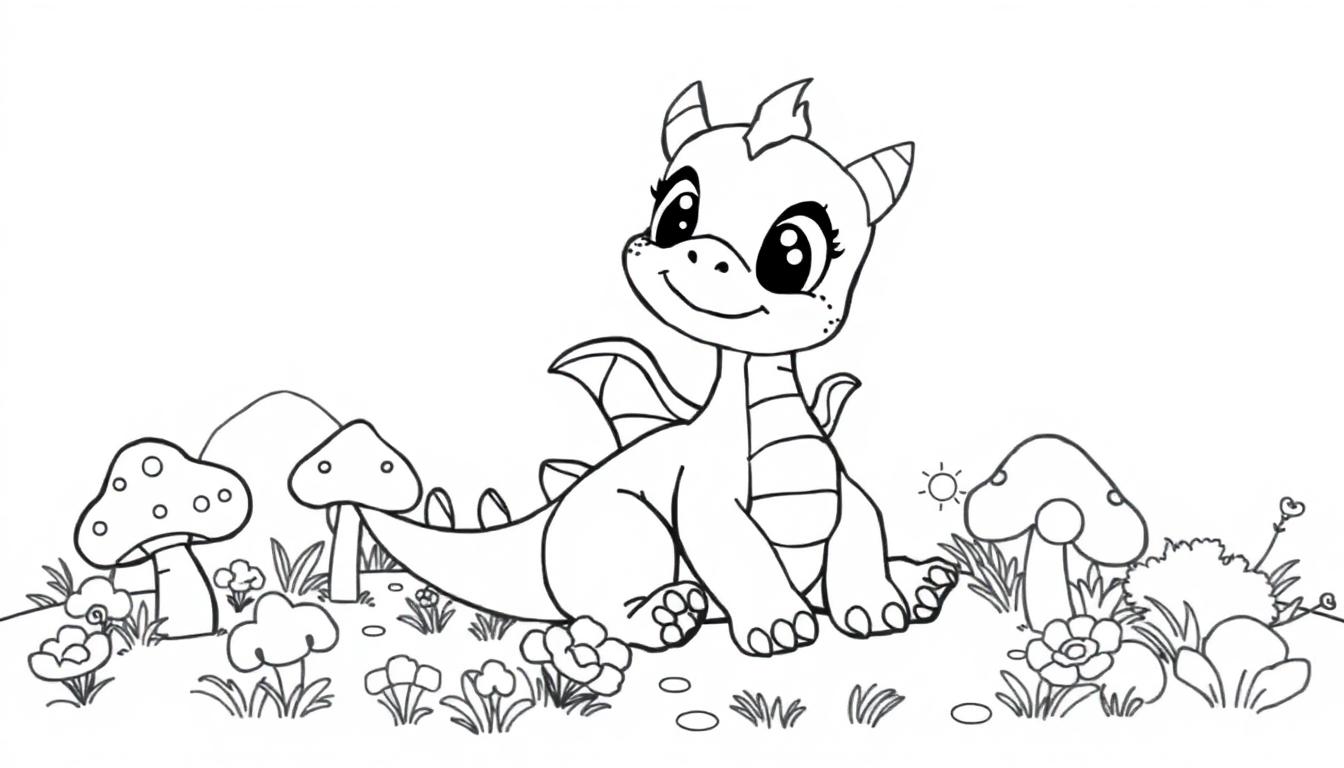 Niedlicher Babydrache sitzt auf einem Feld, umgeben von Blumen und Pilzen, eine Farbtafel-Illustration.
