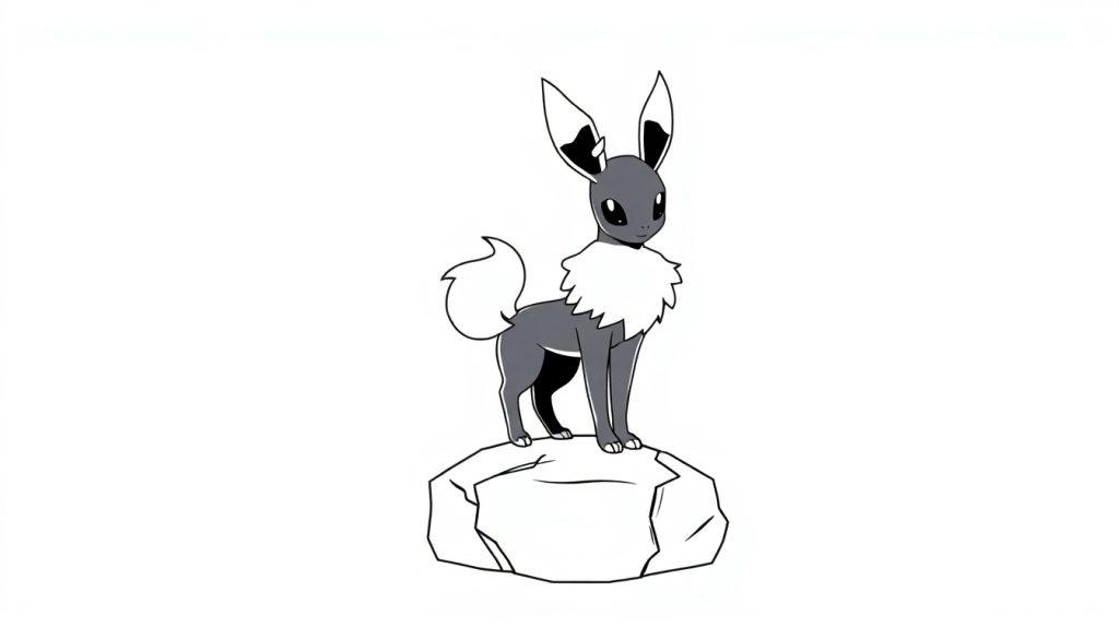 Ein niedliches, cartoonartiges graues Pokémon mit großen Ohren und einem buschigen Schwanz steht auf einem Felsen.