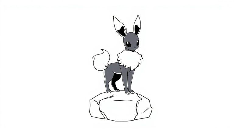 Ein niedliches, cartoonartiges graues Pokémon mit großen Ohren und einem buschigen Schwanz steht auf einem Felsen.