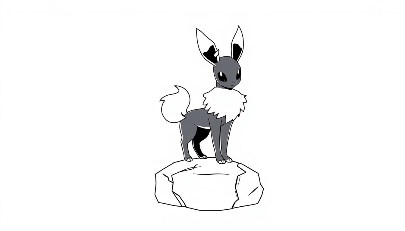 Ein niedliches, cartoonartiges graues Pokémon mit großen Ohren und einem buschigen Schwanz steht auf einem Felsen.