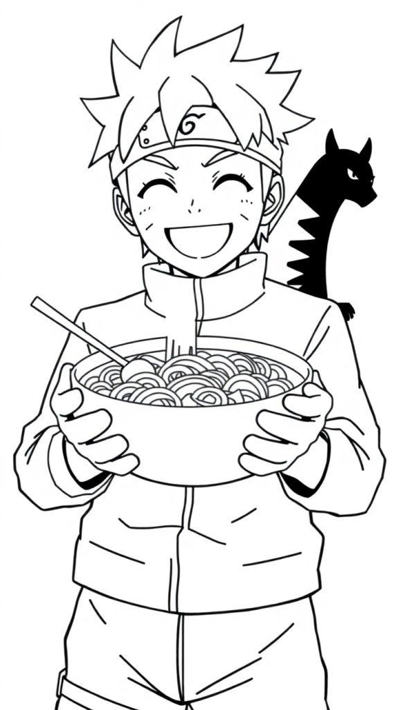 Naruto Uzumaki is eating ramen with a cat.