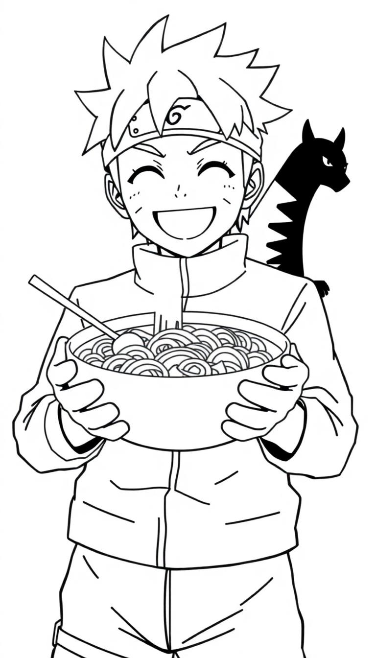Naruto Uzumaki is eating ramen with a cat.