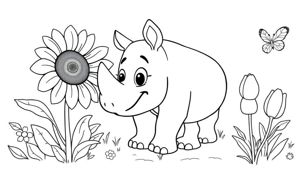 Schwarz-weiße Farbtafel: Ein niedliches Nashornbaby steht neben einer großen Sonnenblume und zwei Tulpen, während ein Schmetterling darüber fliegt.