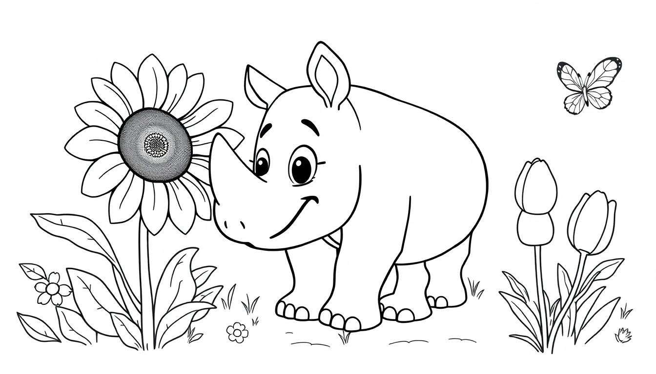 Schwarz-weiße Farbtafel: Ein niedliches Nashornbaby steht neben einer großen Sonnenblume und zwei Tulpen, während ein Schmetterling darüber fliegt.