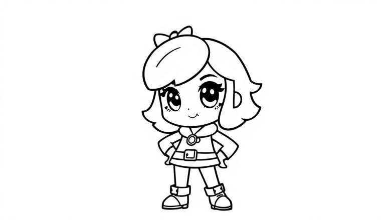 Schwarz-weiße Farbtafel eines niedlichen Brawl Stars Mädchens im Chibi-Stil mit großen Augen und einem Hut.