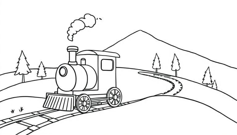 Eine schwarz-weiße Ausmalseite einer niedlichen Dampflokomotive, die durch eine Berglandschaft dampft. Dies ist eine Farbtafel-Vorlage.