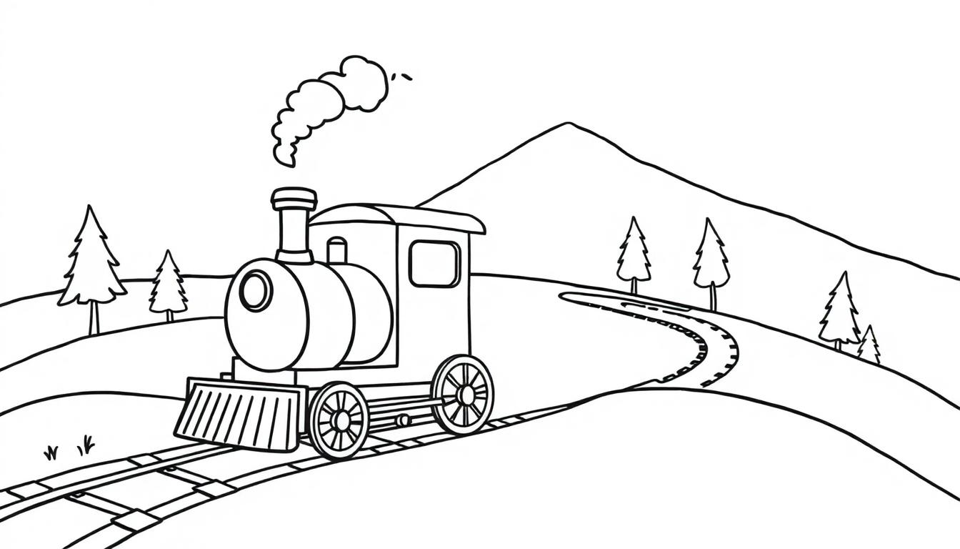 Eine schwarz-weiße Ausmalseite einer niedlichen Dampflokomotive, die durch eine Berglandschaft dampft. Dies ist eine Farbtafel-Vorlage.