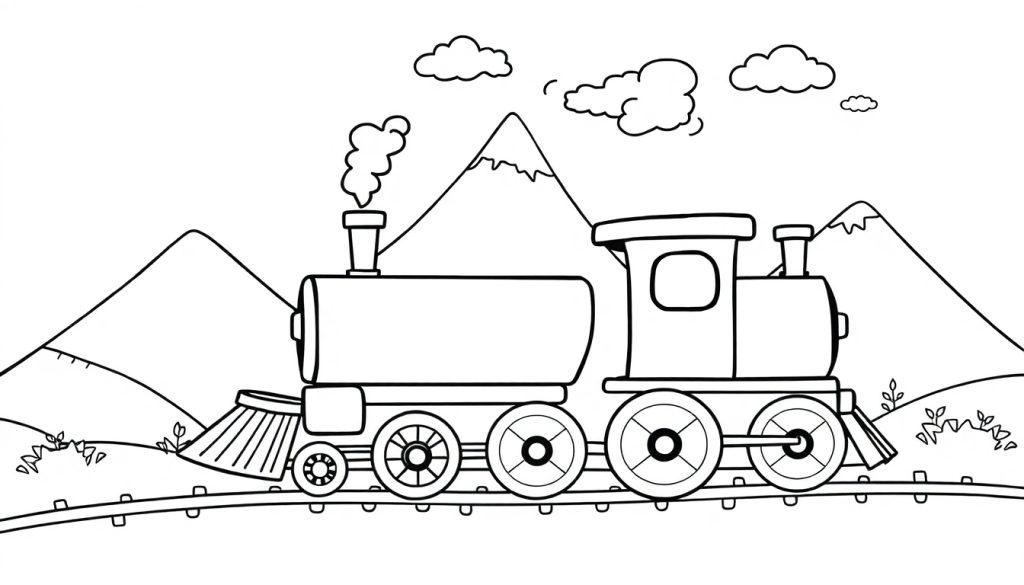Eine schwarz-weiße Farbtafel einer niedlichen Dampflokomotive, die durch eine Berglandschaft fährt, mit vielen Ausmalmöglichkeiten.