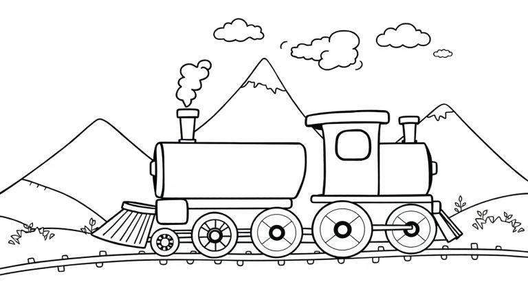 Eine schwarz-weiße Farbtafel einer niedlichen Dampflokomotive, die durch eine Berglandschaft fährt, mit vielen Ausmalmöglichkeiten.