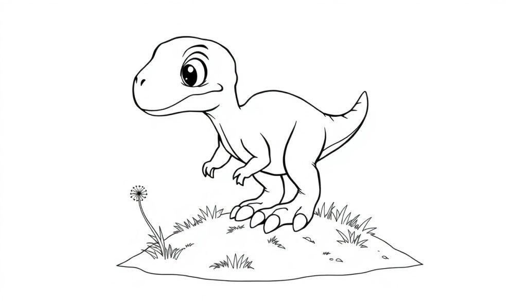 Schwarz-Weiß-Farbtafel eines niedlichen Dinosauriers mit großen Augen und Federn, der auf einem Hügel steht.