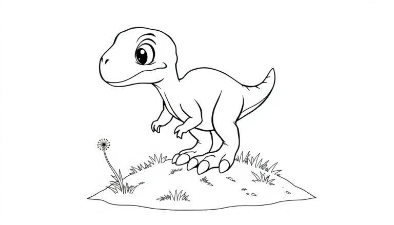 Schwarz-Weiß-Farbtafel eines niedlichen Dinosauriers mit großen Augen und Federn, der auf einem Hügel steht.